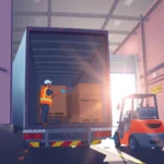 drug and alcohol testing management illustrated by a flat style image of a truck driver securing cargo at a warehouse dock.