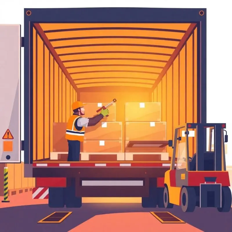 Flat style illustration showing a truck driver securing cargo during drug and alcohol testing management procedures at a warehouse dock