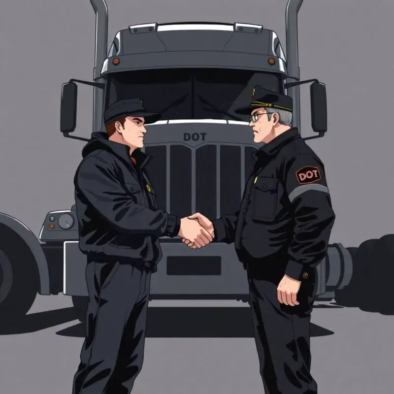FMCSA Compliance Help for Owner-Operators shown through handshake between trucker and DOT officer