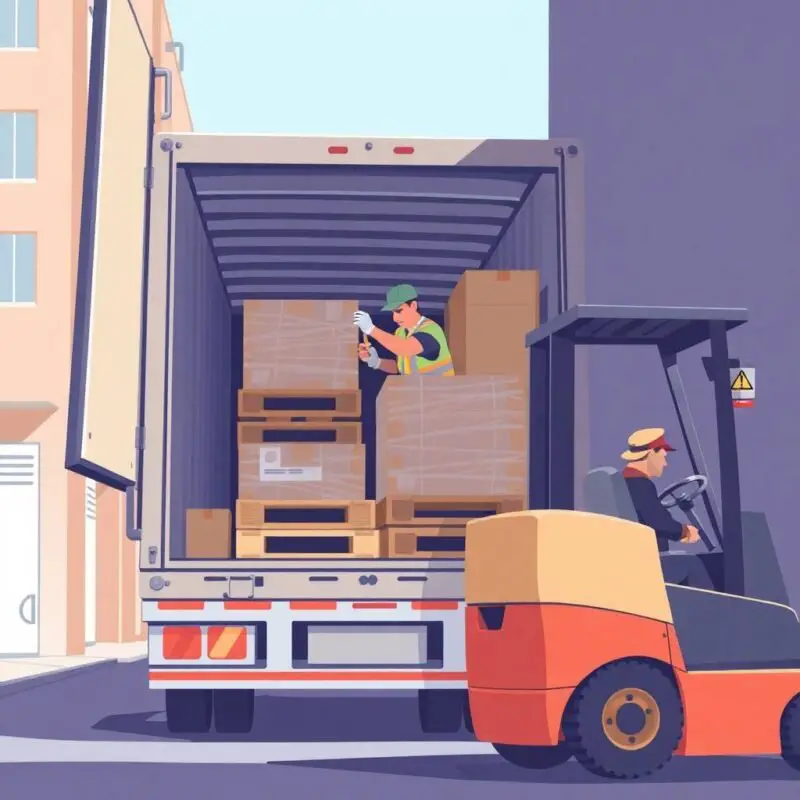 FMCSA Compliance Help for Owner-Operators illustrated with a truck driver securing palletized cargo inside an open trailer