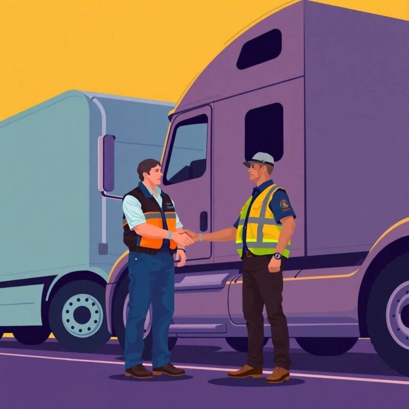FMCSA Compliance solutions for Owner-Operators displayed through a handshake between a DOT officer and a truck driver beside a semi-truck.