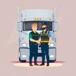 FMCSA Compliance Help for Trucking Companies shown with a truck driver and DOT officer shaking hands in front of a semi-truck