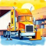 FMCSA Compliance Help for Trucking Companies visualized with a truck driver inspecting paperwork at a loading dock next to a semi-truck