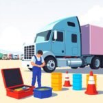 FMCSA Compliance Help for Trucking Companies shown with a mechanic performing maintenance on a semi-truck in a yard
