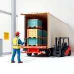 FMCSA compliance services for owner-operators illustrated by a driver securing cargo inside a semi-trailer at a warehouse loading dock