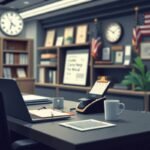 FMCSA compliance services for owner-operators illustrated with a modern compliance office setup including a laptop, phone, calendar, and official documents