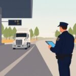 FMCSA compliance services for owner-operators shown as a DOT officer inspects a white semi-truck approaching a weigh station