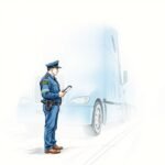 DOT officer inspecting a semi-truck as part of FMCSA Compliance solutions for Owner-Operators.