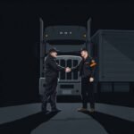 Flat style illustration of a DOT officer shaking hands with a truck driver in front of a semi-truck, representing IFTA IRP BOC 3 Support.