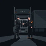 Flat style illustration of a DOT officer shaking hands with a truck driver in front of a semi-truck, representing IFTA IRP BOC 3 Support.