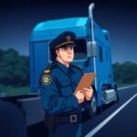DOT officer inspects a blue semi-truck at night, representing IFTA IRP BOC 3 Support and roadside compliance.