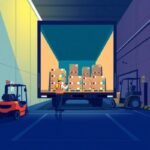 Flat style illustration of a truck driver securing cargo at a warehouse dock with forklifts, used to represent IFTA IRP BOC 3 Support.