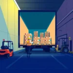 Flat style illustration of a truck driver securing cargo at a warehouse dock with forklifts, used to represent IFTA IRP BOC 3 Support.