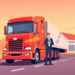 A trucking compliance consultant stands beside a red semi-truck, illustrating IFTA IRP BOC 3 Support services.