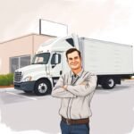 Smiling trucking company owner standing in front of a white semi-truck, representing IFTA IRP BOC 3 Support for 2025 compliance.
