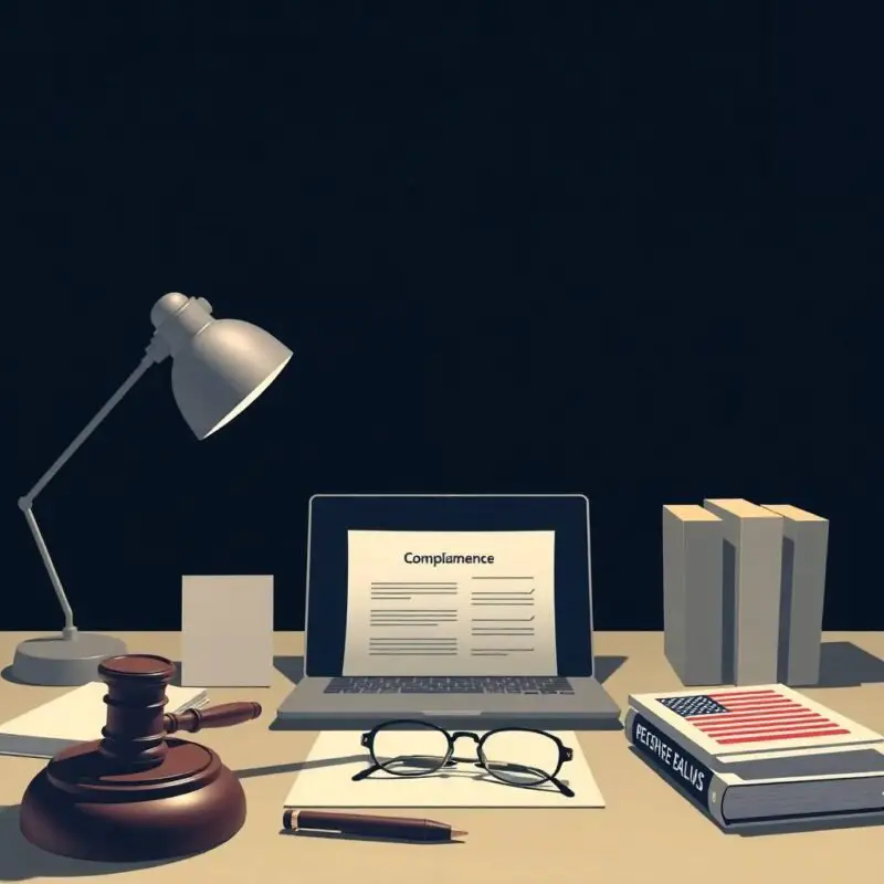 Flat illustration of a legal compliance desk with laptop, gavel, and terms of service document