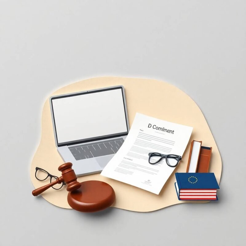 Flat illustration of a compliance desk with a laptop, gavel, legal books, and a terms of service document