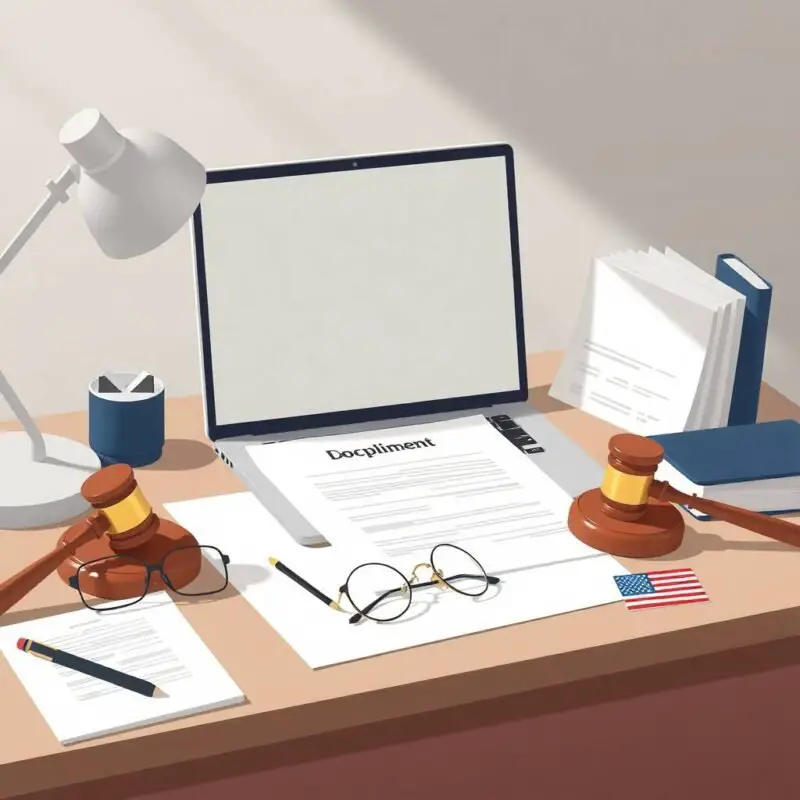 Flat illustration of a compliance desk with laptop, gavels, and terms of service document