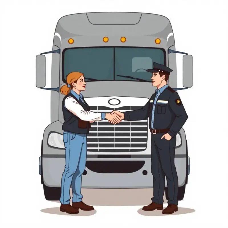 Truck driver and DOT officer shaking hands in front of a semi-truck used for a disclaimer section