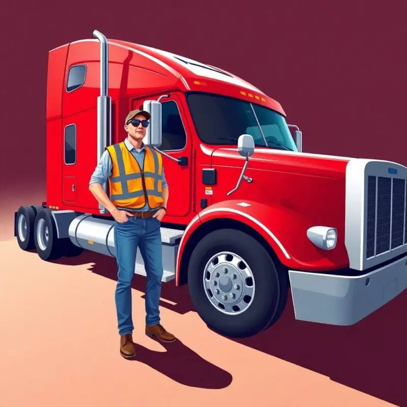 Truck driver standing confidently beside a red semi-truck used for a disclaimer section